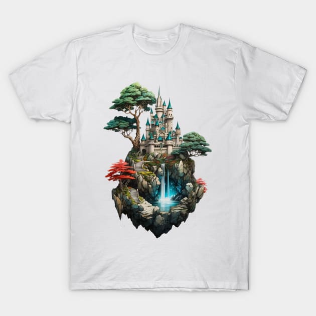 Fantasy Magical Castle at the top of a rocky crystal hill T-Shirt by Neon City Bazaar